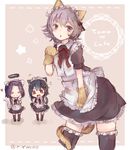  3girls :o ^_^ animal_ears apron black_legwear blush cat_ears cat_tail chibi closed_eyes cowboy_shot garters kantai_collection looking_at_viewer machinery maid maid_apron maid_headdress multiple_girls parted_lips paw_pose purple_hair riruno short_hair smile standing tail tama_(kantai_collection) tatsuta_(kantai_collection) thighhighs yamashiro_(kantai_collection) zettai_ryouiki 