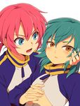  aqua_hair blue_eyes blush hands_together inazuma_eleven_(series) inazuma_eleven_go jacket kariya_masaki kirino_ranmaru long_hair male_focus multiple_boys open_mouth pink_hair raimon riho simple_background track_jacket twintails white_background 