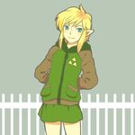  androgynous arms_behind_back bangs blonde_hair fence hood hoodie link lowres male_focus picket_fence pointy_ears rito_(kinokosoup) smile solo the_legend_of_zelda triforce wooden_fence 