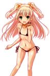  bikini black_bikini blonde_hair fang flat_chest green_eyes highres idolmaster idolmaster_cinderella_girls jougasaki_rika long_hair looking_at_viewer micro_bikini navel open_mouth rikudou_inuhiko side-tie_bikini solo swimsuit two_side_up white_background 