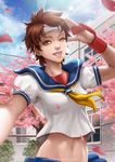  1girl ;) artist_name blue_sailor_collar breasts brown_eyes brown_hair cherry_blossoms commentary commission english_commentary eyelashes facebook_username fingerless_gloves gloves grin headband kasugano_sakura lips magion02 midriff navel nose one_eye_closed petals photoshop_(medium) reaching reaching_towards_viewer sailor_collar salute school_uniform selfie serafuku short_hair skirt small_breasts smile solo street_fighter watermark web_address wind wind_lift 