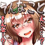  animal_ears bespectacled blush brown_hair face futatsuiwa_mamizou glasses leaf leaf_on_head looking_at_viewer lowres open_mouth pince-nez portrait raccoon_ears short_hair smile solo sweat touhou translation_request zan_(harukahime) 