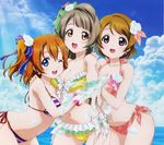  :d ;d absurdres bikini blue_eyes bow breasts brown_eyes brown_hair cheek-to-breast cleavage cloud day earrings girl_sandwich hair_bow hair_ribbon hand_on_another's_shoulder highres jewelry koizumi_hanayo kousaka_honoka long_hair love_live! love_live!_school_idol_project medium_breasts minami_kotori multicolored multicolored_stripes multiple_girls non-web_source ocean official_art one_eye_closed one_side_up open_mouth outdoors pink_eyes polka_dot polka_dot_bikini polka_dot_swimsuit printemps_(love_live!) ribbon sandwiched short_hair side-tie_bikini sky smile striped striped_bikini striped_swimsuit swimsuit water yellow_bikini 