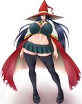  1girl black_hair blush breasts cape green_eyes hat huge_breasts kagari_ayaka long_hair midriff saogokushi school_uniform shoes skirt solo standing tall thick_thighs thighhighs thighs very_long_hair wide_hips witch witch_craft_works witch_hat 