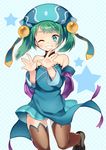  blue_eyes dress green_hair grin hat highres kaki_s looking_at_viewer one_eye_closed puzzle_&amp;_dragons short_hair smile solo star strapless strapless_dress thighhighs xiao_qiao_(p&amp;d) 