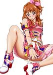  3: aikatsu! aikatsu!_(series) blush boots bow brown_hair covering covering_crotch cum cumdrip embarrassed eyelashes hair_ornament hair_ribbon half_updo high_heel_boots high_heels highres kijinaka_mahiro long_hair looking_at_viewer md5_mismatch one_side_up oozora_akari panties panties_around_one_leg pink_bow pink_eyes pink_panties ponytail revision ribbon shirt simple_background skirt solo spread_legs underwear white_background wrist_cuffs 