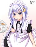  alternate_costume apron artist_name blush crescent crescent_hair_ornament cup enmaided frilled_apron frills gradient gradient_background hair_ornament haryuu_(poetto) kantai_collection looking_at_viewer maid maid_apron maid_headdress purple_eyes purple_hair short_hair short_hair_with_long_locks signature solo teacup tray yayoi_(kantai_collection) 
