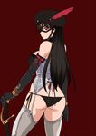  ass bare_shoulders black_hair black_panties breasts brown_background corset cyborg elbow_gloves garter_straps gloves hat kagaku_touki_silver_raina large_breasts long_hair looking_back original panties prosthesis prosthetic_arm red_eyes side-tie_panties simple_background solo sword thighhighs tokihama_jirou underwear weapon white_legwear 