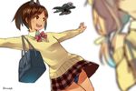  :d aircraft airplane alternate_costume blurry brown_eyes brown_hair chig dark_skin depth_of_field hair_ornament i-401_(kantai_collection) i-8_(kantai_collection) kantai_collection multiple_girls open_mouth out_of_frame outstretched_arms plaid plaid_skirt pleated_skirt ponytail school_swimsuit school_uniform skirt smile spread_arms swimsuit swimsuit_under_clothes 