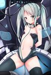  absurdres arms_behind_back bad_id bad_pixiv_id cable center_opening collar erimu flat_chest heterochromia highres holographic_monitor leotard long_hair navel original pointy_ears silver_hair sitting solo thighhighs twintails 