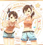  belt brown_eyes brown_hair character_name double_v futami_ami futami_mami idolmaster idolmaster_(classic) looking_at_viewer midriff multiple_girls musical_note nagakura_(seven_walkers) one_eye_closed open_mouth short_hair siblings side_ponytail sisters smile star twins v 