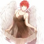  bad_id bad_pixiv_id breasts cleavage dress earrings emiya_shirou fate/stay_night fate_(series) feathers genderswap genderswap_(mtf) jewelry large_breasts mitsuki_mitsuno one_eye_closed red_hair skirt_hold solo wing_ears wings 