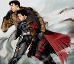  2boys bat_(symbol) batman_(series) belt black_hair brothers cape carrying dc_comics family gloves holster jacket jason_todd jiro leaning multiple_boys red_hood red_hood_(dc) red_robin rubble siblings tim_drake torn_clothes 