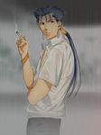  bad_id bad_pixiv_id blue_hair bracelet cigarette fate/stay_night fate_(series) jewelry lancer long_hair male_focus mitsuki_mitsuno ponytail rain red_eyes shirt solo wet wet_clothes wet_shirt 