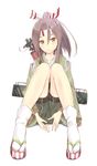  aircraft airplane brown_eyes brown_hair clog_sandals headband highres japanese_clothes kantai_collection knees_together_feet_apart looking_at_viewer ponytail sitting socks solo wa_(genryusui) white_background white_legwear zuihou_(kantai_collection) 