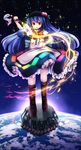  absurdres bad_id bad_pixiv_id blue_hair boots bow earth floating_rock food fruit hat highres hinanawi_tenshi long_hair maru_daizu_(aqua6233) open_mouth peach puffy_short_sleeves puffy_sleeves red_eyes shirt short_sleeves skirt solo space sword_of_hisou touhou very_long_hair 