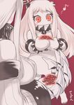  breasts claws covered_mouth detached_sleeves egg eighth_note horn horns kantai_collection large_breasts long_hair mittens multiple_girls musical_note northern_ocean_hime red_eyes seaport_hime sensen shinkaisei-kan white_hair white_skin 