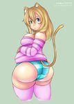  :&lt; animal_ears ass bare_shoulders blonde_hair blue_eyes blue_panties breasts bursting_breasts cat_ears cat_tail fat green_eyes hand_on_own_stomach heterochromia highres huge_ass iveo large_breasts long_hair looking_at_viewer looking_back md5_mismatch original panties pink_legwear pink_shirt plump shirt solo striped striped_panties striped_shirt tail thick_thighs thighhighs thighs undersized_clothes underwear 