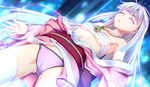  breasts cameltoe choco_chip closed_eyes dutch_angle game_cg ibaraki japanese_clothes jewelry kimono long_hair namaiki_~kissuisou_e_youkoso!~ necklace off_shoulder panties purple_panties sarashi small_breasts solo thighhighs underboob underwear white_hair white_legwear 