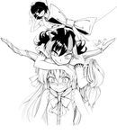  blush bow camera dress greyscale hair_bow hat highres horn_ribbon horns ibuki_suika kijin_seija long_hair monochrome multicolored_hair multiple_girls on_head person_on_head ribbon shameimaru_aya short_hair short_sleeves simple_background slit_pupils smile streaked_hair tanuk tokin_hat touhou white_background 