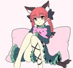  animal_ears asymmetrical_legwear bow braid cat_ears cat_tail dress extra_ears hair_bow isaki_(gomi) juliet_sleeves kaenbyou_rin knees_together_feet_apart light_smile long_sleeves multiple_tails nekomata pillow pointy_ears puffy_sleeves red_eyes red_hair sitting solo stuffed_animal stuffed_toy tail teddy_bear touhou twin_braids two_tails 