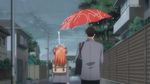  1boy 1girl animated animated_gif bow gekkan_shoujo_nozaki-kun lowres nozaki_umetarou orange_hair polka_dot polka_dot_bow rain sakura_chiyo school_uniform short_hair umbrella 