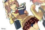  bag blonde_hair blue_eyes blurry book chig depth_of_field glasses hat holding i-58_(kantai_collection) i-8_(kantai_collection) kantai_collection long_hair low_twintails out_of_frame school_bag school_swimsuit sketch solo swimsuit swimsuit_under_clothes twintails 