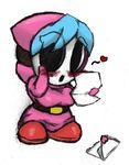  1girl blue_hair blush eye_through_hair female genderswap hair hood hoodie letter love_letter mario_bros mask nintendo shy_guy shygirl shyguy solo super_mario_bros. translucent_hair unknown_artist video_games 