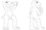  agumon back_view backsack balls chubby circumcised collage digimon dinosaur flaccid flexing front_view heibanhikaru leather_straps line_art male monochrome musclegut muscles nude pecs penis pose scalie scar solo standing 