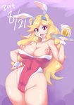  1girl alcohol animal_ears areolae bare_shoulders beer blonde_hair breasts brown_eyes bunny_ears bunny_girl bunnysuit cameltoe choker curvy fat_mons female hair_ornament highleg highres honey_(space_dandy) huge_nipples large_breasts long_hair nipple_slip nipples open_mouth partially_visible_vulva puffy_nipples ryoi solo space_dandy standing waitress wide_hips 