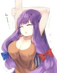  ^_^ alternate_costume arms_up bangs blue_bow blush bow breasts brown_tank_top cleavage closed_eyes collarbone commentary_request eyebrows_visible_through_hair hair_between_eyes hair_bow kasuka_(kusuki) large_breasts long_hair no_hat no_headwear open_mouth patchouli_knowledge purple_hair red_bow sidelocks simple_background solo stretch tank_top tears touhou translation_request upper_body very_long_hair white_background 