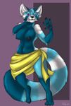  2014 anthro big_breasts blue_fur breasts female fur mammal nipples p_moss pink_eyes red_panda sarong solo standing topless 
