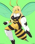  2014 antennae anthro arthropod artistskatalapu? bee bigger_version_at_the_source blush breasts female fluff fur green_background hair hair_over_eye hazel_honeybush insect long_hair navel nipples nude open_mouth plain_background pubes pussy solnslak solo wings 