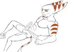  abs alister_azimuth anso/rez anthro bulge clenched_teeth clothed clothing erection fur half-dressed lombax lying male mammal muscles on_back pecs penis ratchet_and_clank solo stripes sweat teeth video_games 