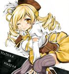  ;) blonde_hair breasts copyright_name detached_sleeves drill_hair finger_to_cheek fingerless_gloves gloves hat long_hair looking_at_viewer magical_girl mahou_shoujo_madoka_magica medium_breasts one_eye_closed parune_chigetsu smile solo tomoe_mami twin_drills yellow_eyes 