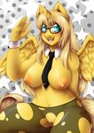  2014 anthro blush breasts clothing cloud cutie_mark equine eyewear female fur glasses golden_ticket hair horn legwear looking_at_viewer lovelesskiax mammal my_little_pony navel necktie nipples nude open_mouth original_character pussy solo stockings torn_clothing winged_unicorn wings yellow_fur 