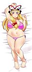  arm_up armpits bed bed_sheet belly blonde_hair blush bow bra breasts eyebrows full_body hair_bow hat highres hips knees_together_feet_apart large_breasts long_hair looking_at_viewer lying mob_cap oasis_(magnitude711) panties plump purple_bra purple_eyes purple_panties smile solo thighs touhou underwear underwear_only yakumo_yukari 