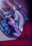  2014 bed blanket duo equine eye_contact female feral friendship_is_magic hair hi_res horn long_hair longinius mammal multi-colored_hair my_little_pony princess_celestia_(mlp) purple_eyes purple_hair smile twilight_sparkle_(mlp) unicorn 