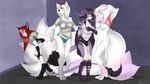  2014 anthro blush breasts canine clothing dragon female fox fur group hair julia_(lipton) long_hair mammal nipples rach_verity red_hair shiro_(character) skyican smirk wet zen_(mrawl) 