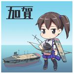  aircraft_carrier character_name day japanese_clothes kaga_(aircraft_carrier) kaga_(kantai_collection) kantai_collection looking_at_viewer military military_vehicle muneate object_namesake ocean pleated_skirt shiden_(sashimi_no_wife) ship skirt sky solo thighhighs warship watercraft zettai_ryouiki 