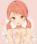  :d aida_takanobu bad_id bad_twitter_id bare_shoulders blush brown_eyes collarbone dated flower hands_on_own_chest houjou_karen idolmaster idolmaster_cinderella_girls low_twintails number open_mouth orange_hair pink_background sketch smile solo twintails upper_body 