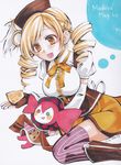  :d blonde_hair charlotte_(madoka_magica) cheese copyright_name detached_sleeves drill_hair food hair_ornament hat mahou_shoujo_madoka_magica multiple_girls open_mouth pantyhose parune_chigetsu smile striped striped_legwear tomoe_mami traditional_media twin_drills yellow_eyes 