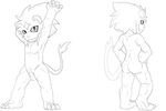  anthro back_view backsack balls butt collage digimon feline front_view heibanhikaru line_art looking_at_viewer male mammal monochrome nude pose sheath solo spadamon standing stretching 