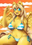  2014 anthro bikini blush breasts camel_toe cleavage clothed clothing cloud cutie_mark equine female fur golden_ticket hair horn looking_at_viewer lovelesskiax mammal my_little_pony navel open_mouth original_character outside solo swimsuit winged_unicorn wings yellow_fur 