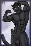  2014 abs anthro aolun balls biceps black_fur black_panther black_penis body_markings brown_hair erection feline flexing fur green_eyes hair humanoid_penis leopard looking_at_viewer male mammal markings muscles nude panther pecs penis plain_background pose solo spots toned 