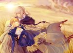  1girl ahoge armor artoria_pendragon_(all) bedivere blonde_hair cape carrying dress fate/stay_night fate_(series) field long_hair lsunl princess_carry saber sunset white_hair 