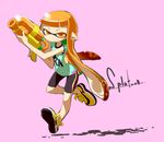  1girl bare_legs bike_shorts domino_mask female full_body gun inkling long_hair mask nintendo orange_eyes orange_hair pink_background pointy_ears running shoes shorts simple_background sneakers solo splatoon tank twintails weapon 