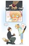  angry black_fur blush brown_fur canine clothing comic dialog feline fur green_eyes hair kneeling mammal open_mouth orange_fur powfooo short_hair tagme tiger wolf 