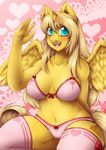  2014 anthro blush bra breasts camel_toe cleavage clothed clothing cloud cutie_mark equine female fur golden_ticket hair horn legwear looking_at_viewer lovelesskiax mammal my_little_pony navel open_mouth original_character panties solo stockings underwear winged_unicorn wings yellow_fur 