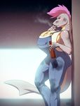  2014 big_breasts bng bottle breasts cigarette clothed clothing dirty fangs female fish grey_skin hair huge_breasts marine overalls pink_hair shark shirt short_hair smoking solo standing teeth 